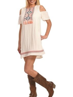 Polagram White Boho Embroidered Tassel Blouse L